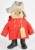 Gabrielle Designs Paddington Bear with grey felt hat, red duffle coat, black wellington boots and