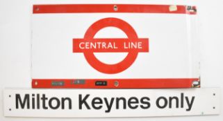 Central Line London Underground vintage enamel platform sign, 23 x 46cm, together with a likely