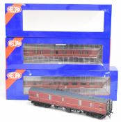 Three Heljan 0 gauge model railway BR maroon Mark 1 coaches comprising BSK 4921, BG 4951 and GUV