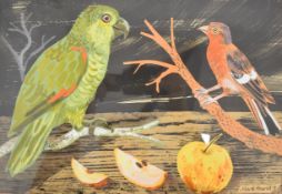 Mark Hearld (born 1974) mixed media collage of a parrot and robin with fruit, signed and dated 09