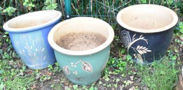 Three coloured jardinières / garden planters with floral decoration, D39 x H32cm