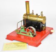 Mamod SE3 live steam engine on Meccano style base with twin oscillating cylinders and lever operated