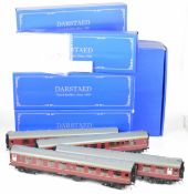 Darstaed 0 gauge model railway BR maroon Mark 1 coach set comprising BSK x2, CK and SK carriages,