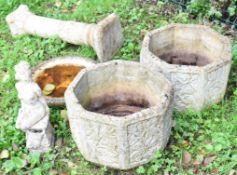 Pair of weathered octagonal stone planters, D40 x H28cm, together with a stone bird bath and