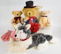 Six Steiff and similar Teddy bears and animals to include Bernie the Husky 104594 and Diamond