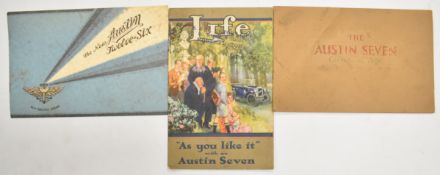 Three vintage or pre war Austin car brochures comprising Austin Seven comes of age circa 1930,