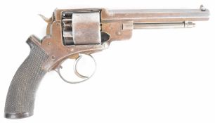 Adam's patent 56 bore 5-shot double-action revolver with chequered wooden grips, frame stamped '