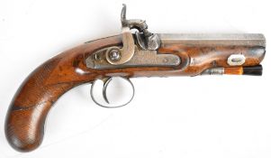 Indistinctly named percussion hammer action coat pistol with named and engraved lock, engraved