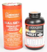 Two tubs of shotgun or rifle cartridge re-loading powder Hodgson H4831 and Hercules Bullseye. PLEASE