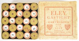 Twenty-five 8 bore Eley Gastight shotgun cartridges, in original box. PLEASE NOTE THAT A VALID