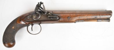 John Richards 10 bore flintlock pistol with named and line engraved lock, engraved top strap and