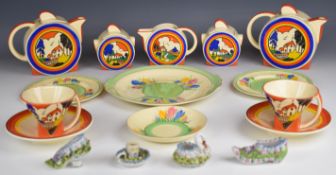 Clarice Cliff for Newport pottery, four plates / saucers decorated in the Crocus pattern and a