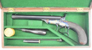 Unnamed percussion hammer action saloon or target pistol with spurred trigger guard, chequered grip,