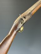 Enfield pattern percussion hammer action gun with engraved lock and hammer, brass trigger guard,