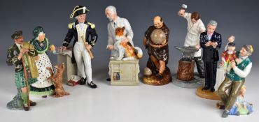 Eight Royal Doulton character figures including Puppetmaker, Laird, the Captain, etc, tallest 25cm