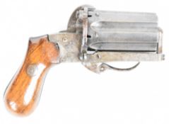 Unnamed 7.5mm six-shot pinfire hammer action pepperbox pistol / revolver with shaped wooden grips,