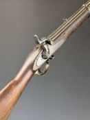 Enfield three band percussion hammer action gun with lock stamped '1864 Enfield' and with crown over