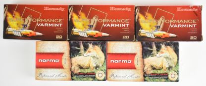 One hundred .223 rifle cartridges including Norma V-Max and Hornady Superperformance Varmint, all in