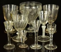 Eight pieces of Georgian and similar glassware including a pair of oversized rummers engraved with