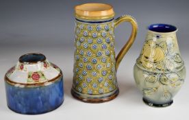 Two Royal Doulton art pottery vases and a jug, with potter's marks to bases, tallest 23cm