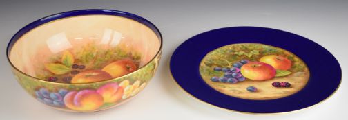 Francis Clark, ex Royal Worcester artist, porcelain cabinet plate and pedestal bowl decorated with