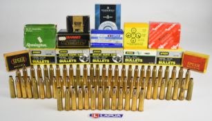 A collection of re-loading items comprising .416, .338, 30 cal, 6.5 FMJ and 38 cal .357 bullets,