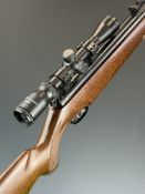 Webley Omega .22 air rifle with chequered semi-pistol grip, raised cheek piece, sling mounts,