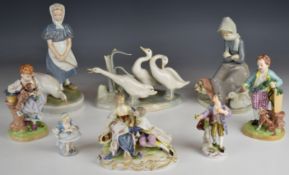 Five 19th/20thC Dresden, Crown Derby, Chelsea style figures and three Copenhagen / Lladro figures,