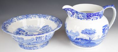 Spode blue and white bowl and pitcher decorated in the Italian pattern, H25m, diameter 37cm