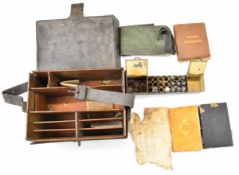 19thC leather bound wooden rifleman's range box, the fitted interior with compartments for bullets