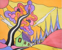 Lorna Bailey (b 1978) watercolour green house beneath multi-coloured tree, signed lower right, 25