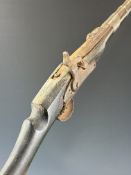 Eastern percussion hammer action gun with wooden inlaid decoration to the stock, engraved white