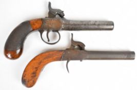 Two percussion hammer action pocket pistols one with engraved lock stamped 'Wilson', chequered grip,