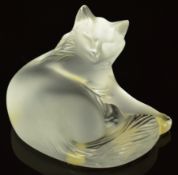 Lalique opalescent glass recumbent cat, signed 'Lalique France' and with original sticker to base,