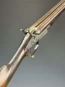 Moore & Harris 12 bore side by side hammer action shotgun with named and engraved locks, engraved