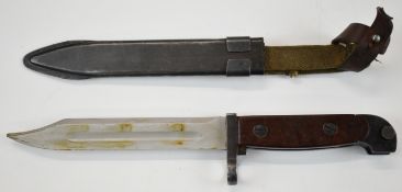 Cuban AK47 bayonet with wooden grips, 0062 to crossguard, 16.5cm Bowie style blade, scabbard, belt