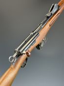 Schmidt Rubin 7.5mm straight pull rifle with adjustable sights, steel butt plate, sling mounts and