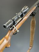 BSA .22-250 bolt-action rifle with chequered semi-pistol grip and forend, raised cheek piece,