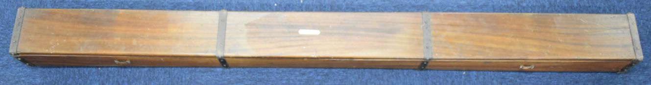 Hardy Brothers vintage metal bound mahogany fishing rod travelling case with hinged lid, length