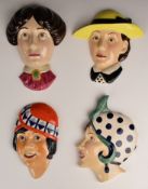 Four Kevin Francis figural wall plaques / face masks comprising Charlotte Rhead, Clarice Cliff,