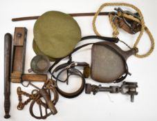WW1 militaria comprising wire / cable tensioner, French water bottle and cup, a British trench
