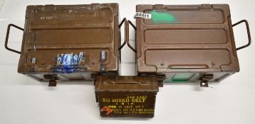 Three military ammunition or similar tins or carriers one marked '240 Cart .30 Mixed Belt' and one