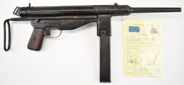 Decativated FBP 9mm submachine gun with frame stamped 'FBP M/48 17917', chequered wooden grips,