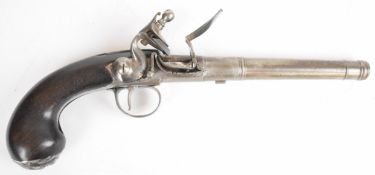 Queen Anne style flintlock pistol with silver mounts, mask butt plate and wrist cartouche, shaped