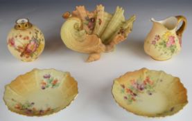 Five pieces of Royal Worcester blush ivory porcelain including a large shell dish, jug, pot pourri