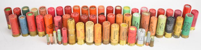 Sixty 10, 12, 16, 14 and 20 bore, 9mm and .410 paper and brass cased collectors shotgun cartridges