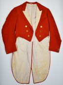 Red hunting tailcoat with brass buttons decorated with foxes and monogramed AVH for the Avon Vale