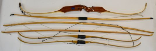 Archery equipment to include five ash or similar longbows, two marked 'Ben Pearson', recurve bow and