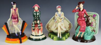 Four Kevin Francis figures comprising Susie Cooper, Charlotte Rhead, Hullabalu-Lu and Harlequin, all