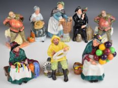 Eight Royal Doulton character figures including Boatman, Falstaff (two sizes), Embroidering, etc